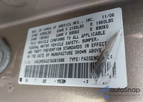 2007 Honda Accord 2.4 Lx from USA, damaged, VIN 1HGCM56427A061686